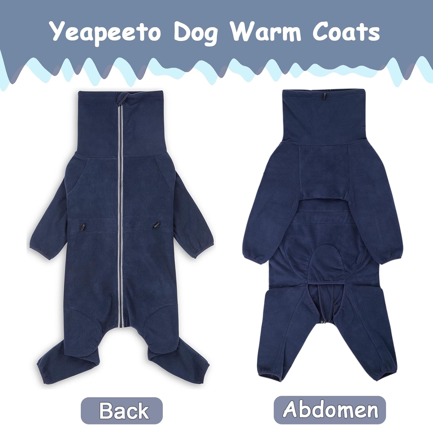 dog winter coat for large medium small dogs, warm fleece high collar full body dog jumpsuit comfortable onesie apparel (dark blue, 2x-large) dark blue 2xl(reference weight 23-33 lbs)