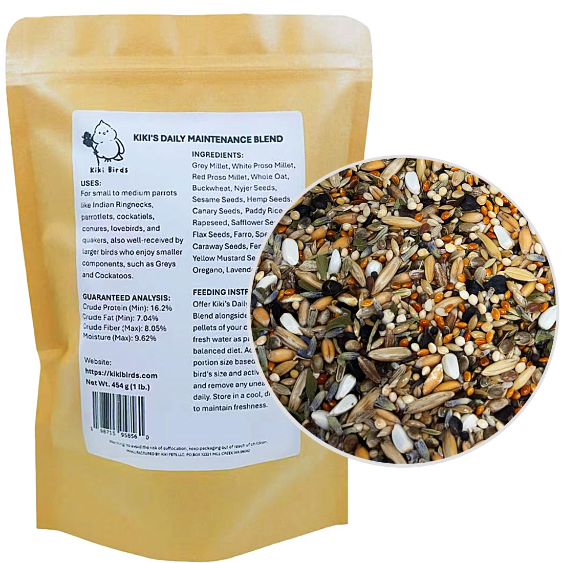 KikiBirds Premium Parrot Food| Protein-Rich Low-Fat Formula | Cockatiel, Conure, Lovebird, Quaker, Parrotlet | No Corn, Soy, Peanuts | Gourmet Whole Grains & Seeds | Daily Maintenance Blend (1 lb)