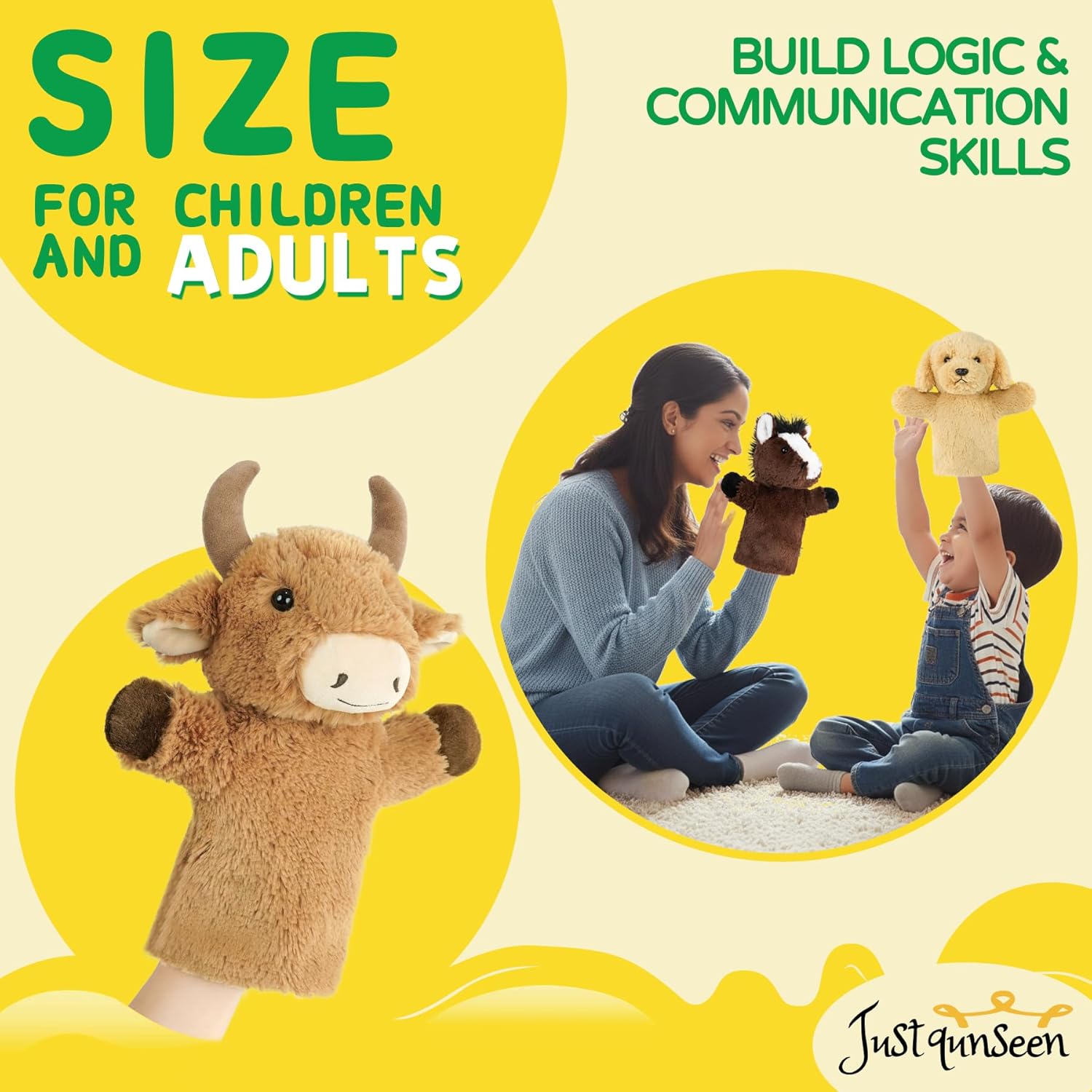 Plush Hand Puppet Barnyard Animal for Role Play Adult Size Fit Stuffed Toy Educational Learning Tool School Classroom Activity Bull