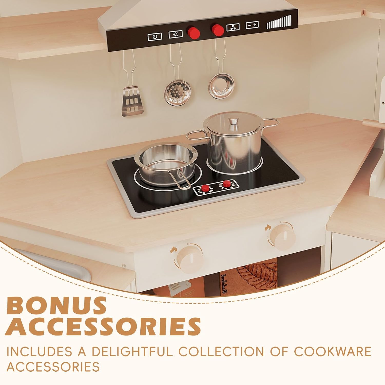 Asweets Play Kitchen for Kids, Wooden Kitchen Playset for Toddlers with Range Hood, Coffee Maker, Oven, Ice Maker, Kids Pretend Kitchen Gift for Boys Girls, 55.9''L x 11.8''W x 35''H Light Brown 55.9''L x 11.8''W x 35.0''H image 4 of 9 B0DBGTNSS6