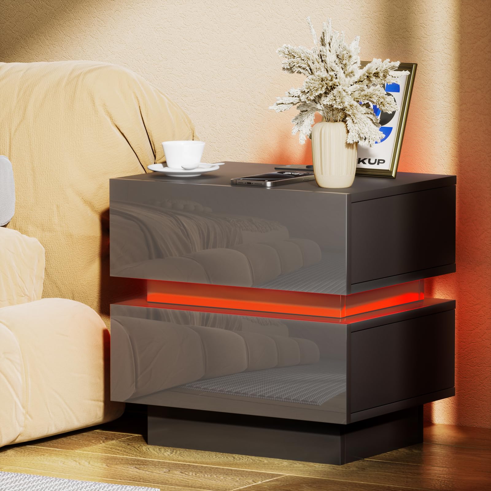 Nachttisch mit Steckdose, 2 AC Steckdosen, 2 USB-Anschlüsse, Nachtschrank 16 Farblicht, Beistelltisch mit Verstellbarer LED-Beleuchtung, 2 Schublade Hochglanz, Modern 45x35x46cm