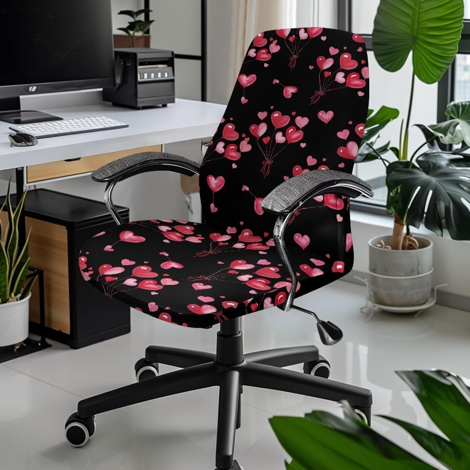 Pink Heart Office Chair Covers Stretchable Computer Chair Cover Valentines Day Decor Gaming Chair Seat Cover Removable Universal Rotating Chair Slipcovers Protective Cover