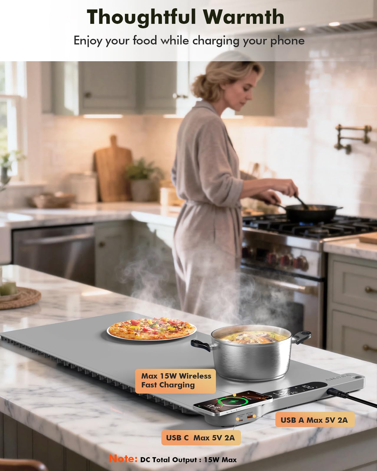 Alfombra Calentador Comida Portatil Nueva con Carga Inalámbrica, 34"x15" Extra Grande, 7 Niveles de Temperatura, Temporizador de 8 Horas, Bandeja Calefactora Eléctrica para Comidas y Fiestas (Gris)