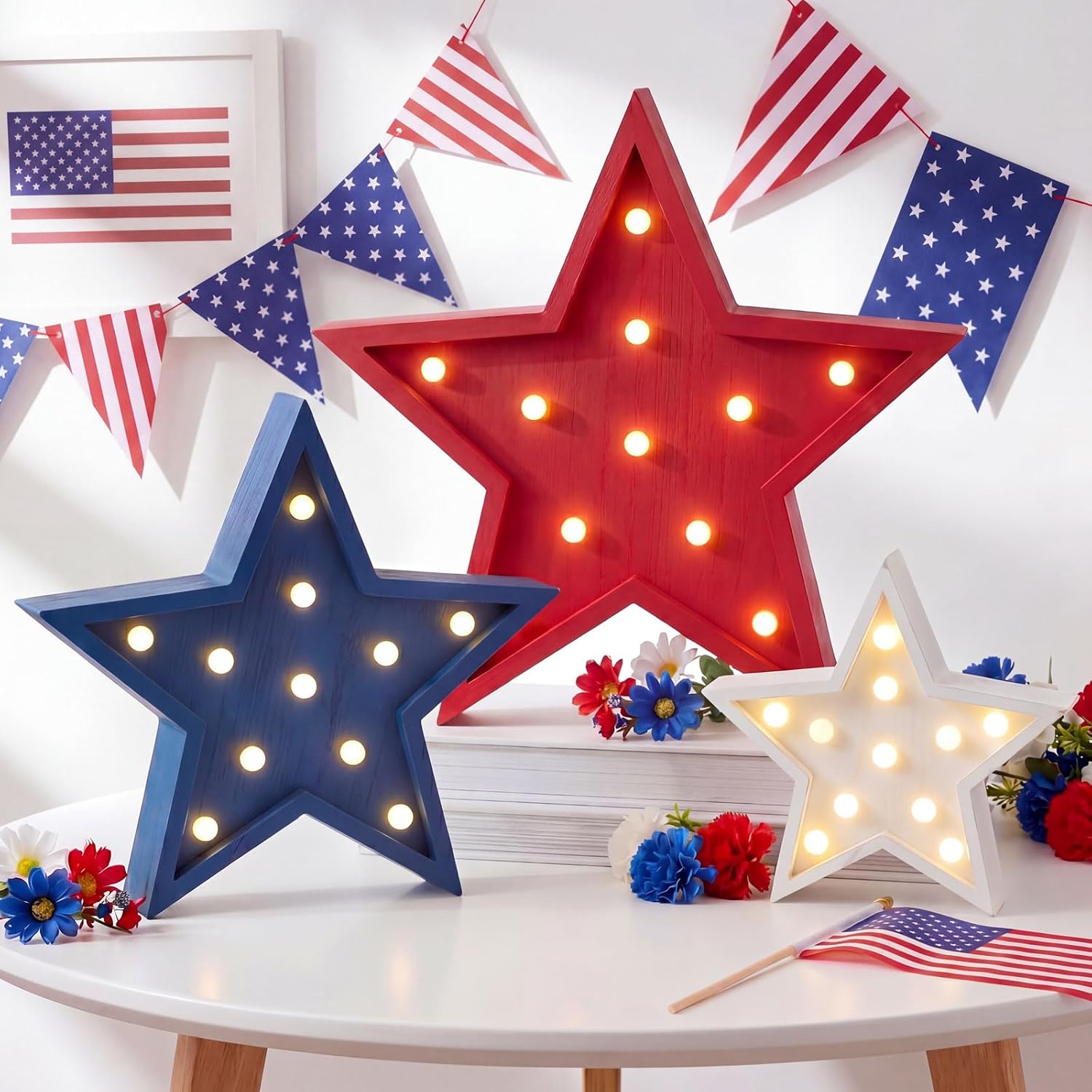 Novabright 3 Pcs Patriotic Stars Decorations Light up Centerpiece Block White Red Blue 4th of July Tiered Tray LED Lights Tabletop Sign Independence Day Party Decor