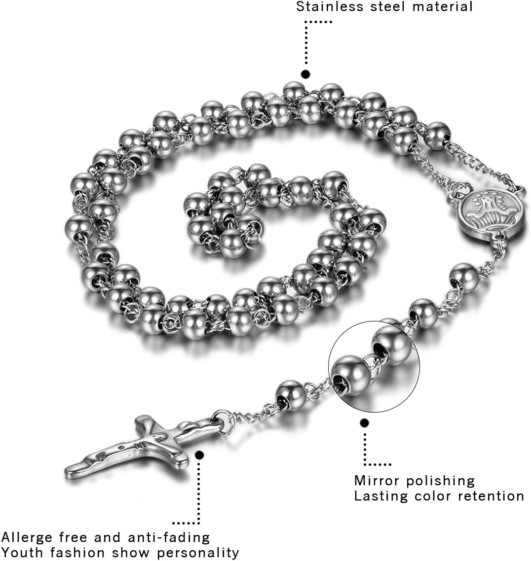 OIDEA Mens Womens Stainless Steel 8MM Beads Mary Jesus Crucifix Cross Rosary Necklace for Xmas Gift,Gold,Silver,Black Tone,with Gift Bag - Image 2