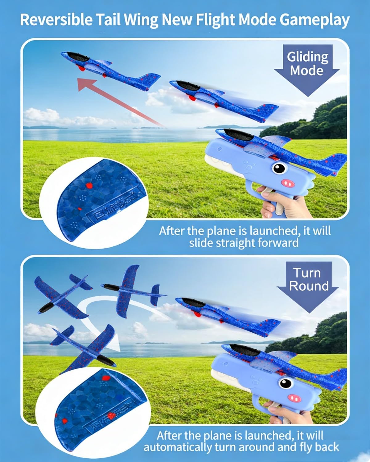 Cute Dinosaur Airplane Launcher Toy, Foam Glider Airplane Launcher Toy, with 8'' Foam Glider, Easy Launch Flying Toys, Long Distance Outdoor Airplane Gun Launcher for Birthday Gifts