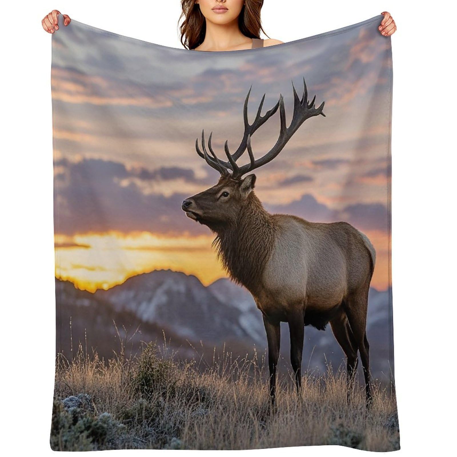 Red Deer Bull Elk Sunset Throw Blanket for Couch and Bed Super Soft Warm Lightweight Throw Blankets Cozy Fuzzy Flannel Blanket Personalized Decorative Blankets for Sofa Decor 40"x50"