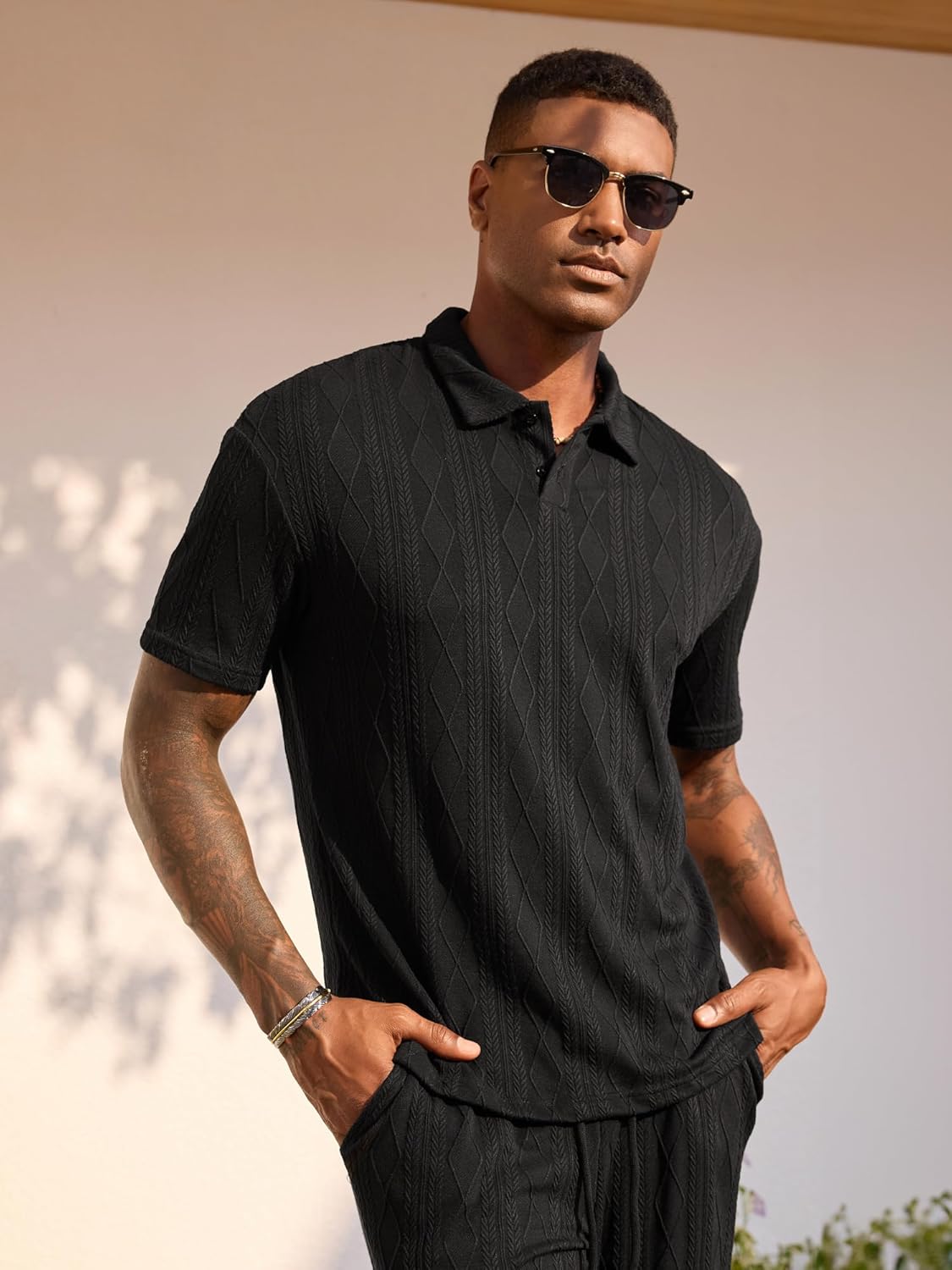 JMIERR Mens Two Piece Outfits Short Sleeve Polo Shirts & Loose Pants Sets Casual Summer Textured Suits