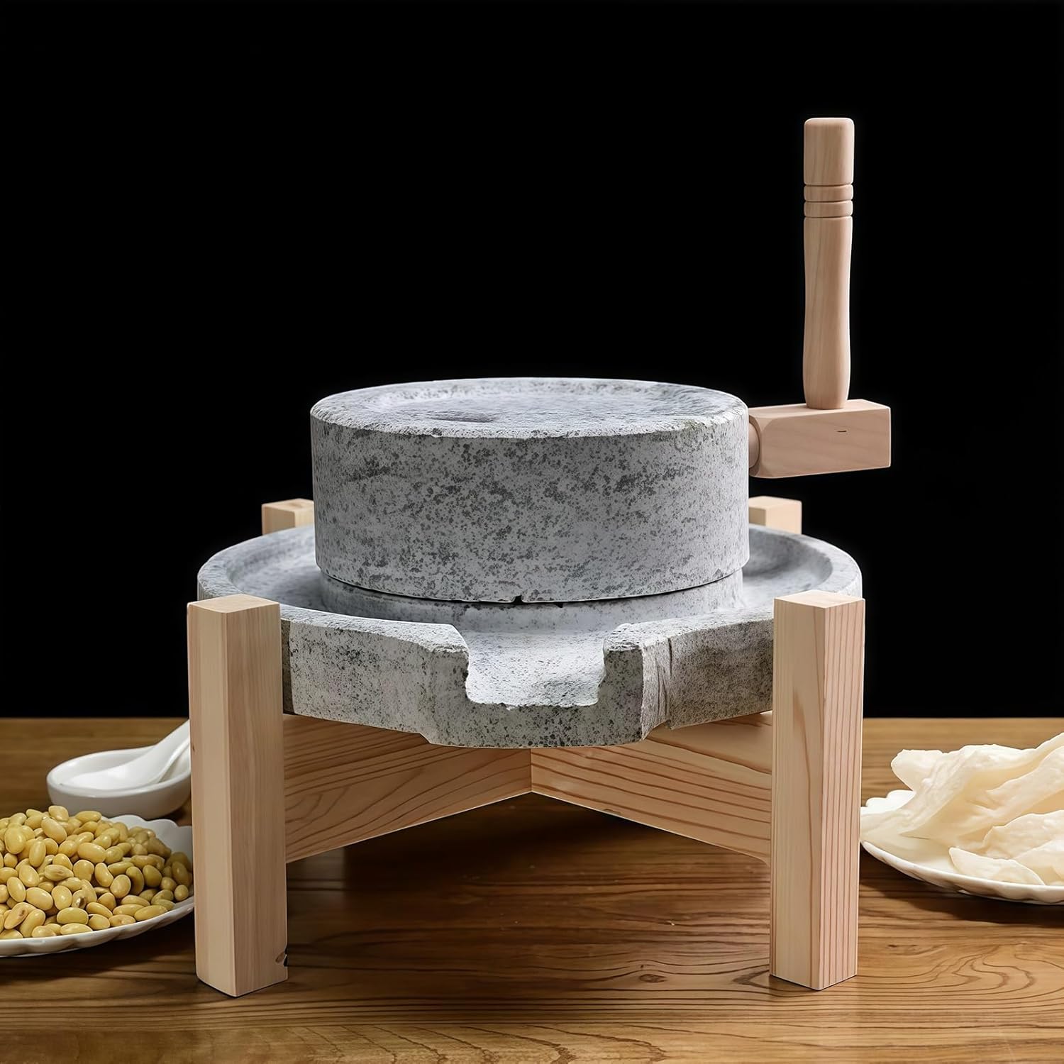 Natural Granite Stone Grain Mill, Vintage Handmade Manual Stone Mill Grinder with Wooden Frame for Flour, Wheat, Soybean, Spices, Barley(7.9x11.8in)