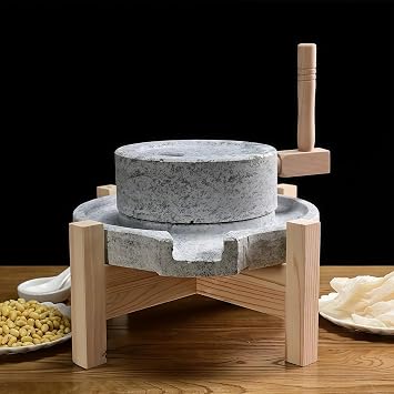Natural Granite Stone Grain Mill, Vintage Handmade Manual Stone Mill Grinder with Wooden Frame for Flour, Wheat, Soybean, Spices, Barley9.8x13.8in