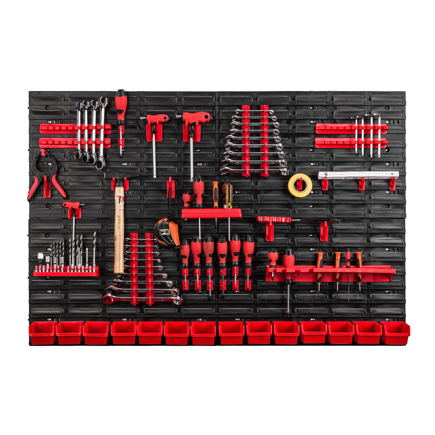 PAFEN Werkzeugwand mit Stapelboxen - 1152 x 780 mm - Lagersystem Wandregal für Garage Werkstatt Werkzeughaltern mit Lochwand Lagerregal Schüttenregal Garage Ordnungssystem | Set 57 tlg.