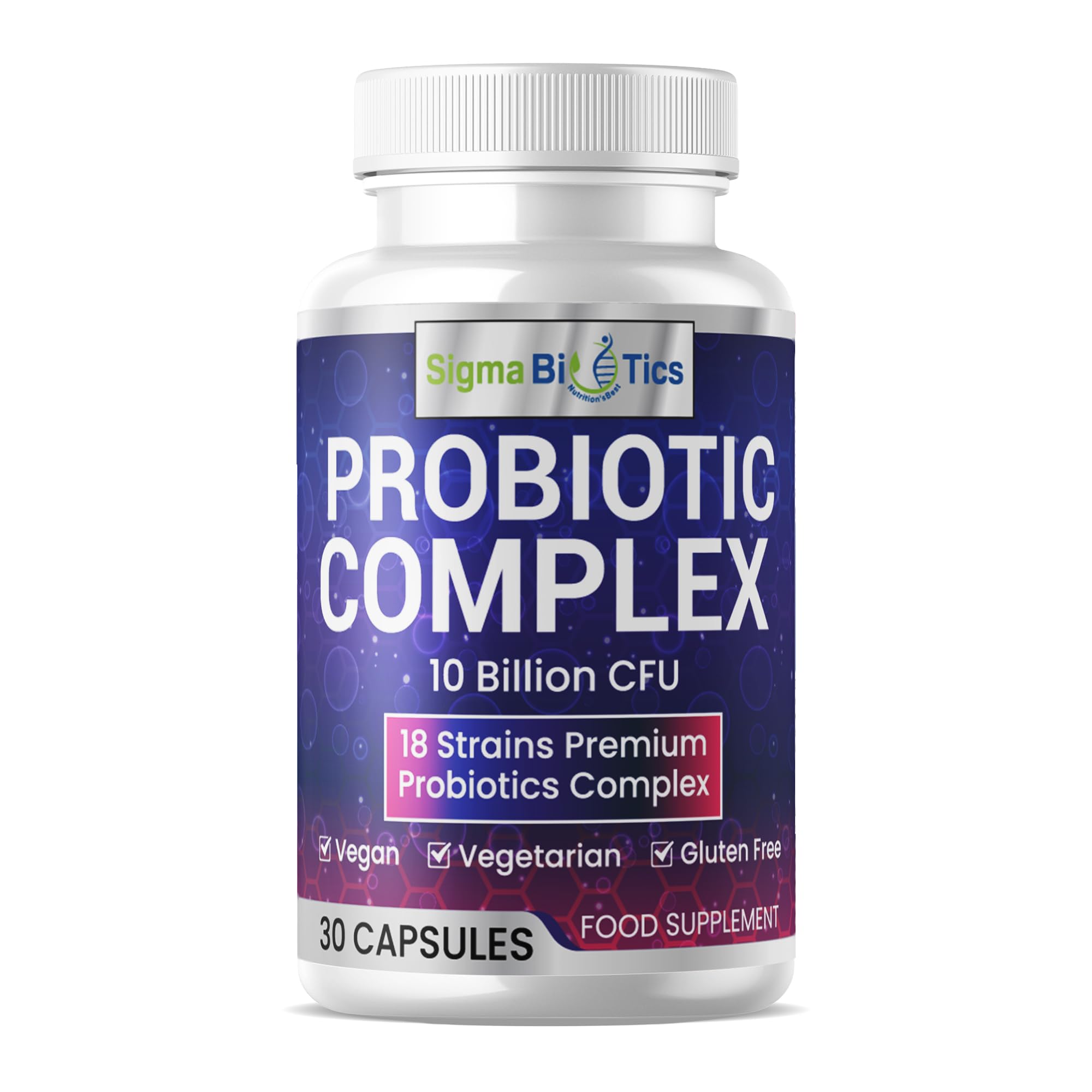 Probiotic Complex - Vegetarian 18 Premium Strains - 10 Billion CFU - Digestive and IBS Support Supplement with Lactobacillus Acidophilus & Bifidobacterium - One a Day - 30 Capsules