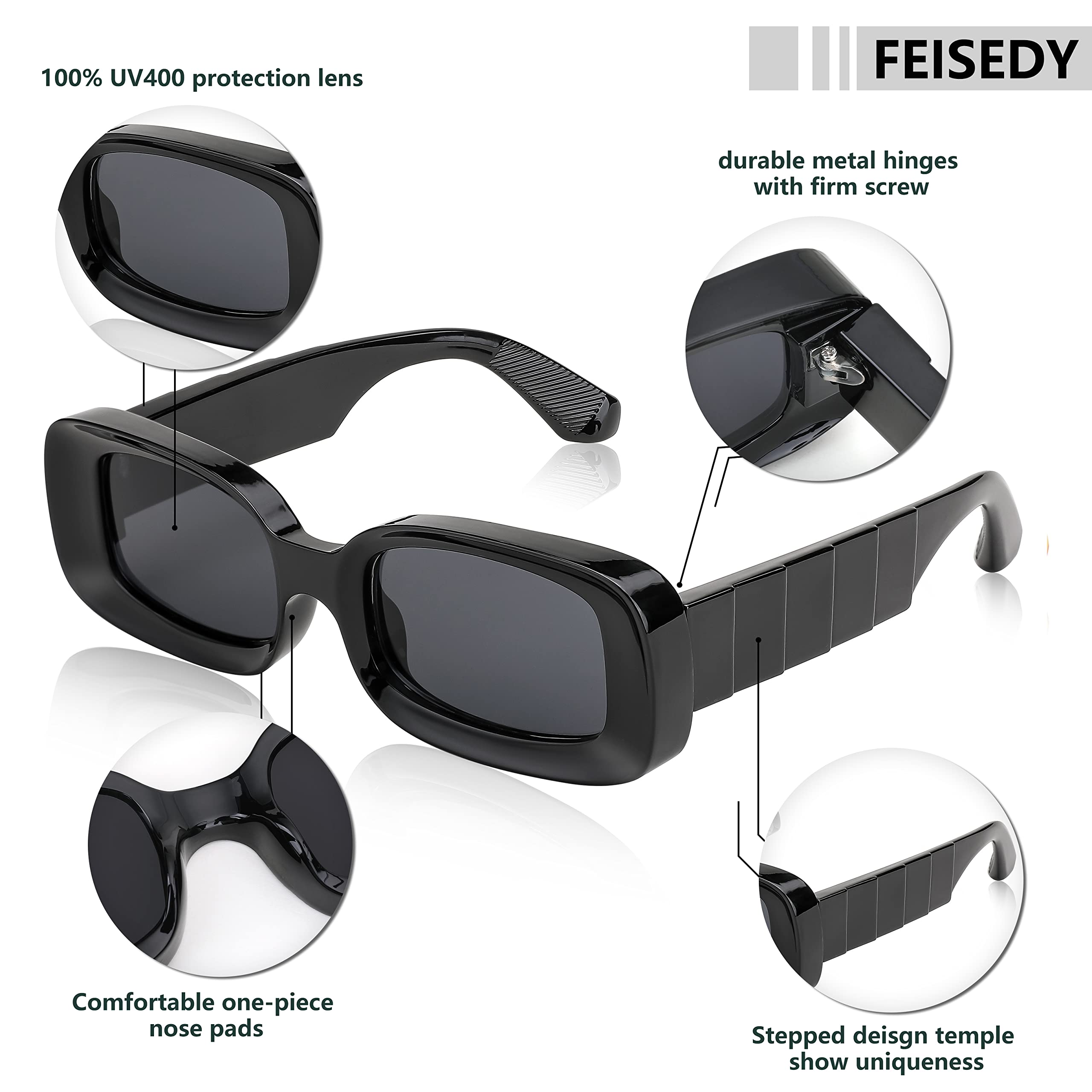 FEISEDY Retro Thick Rectangle Sunglasses Retro 90s Small Chunky Square Women Men B2307