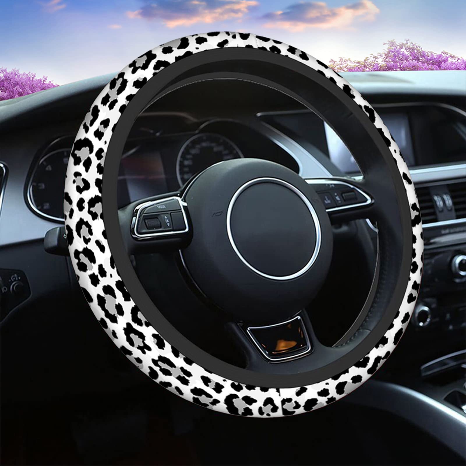 Swono Leopard Print Non-Slip Steering Wheel Cover Wild Animal Snow Leopard Neoprene Car Steering Wheel Covers Grip Automotive Steering Wheel Protector Auto Car Wrap Cover 15 Inch
