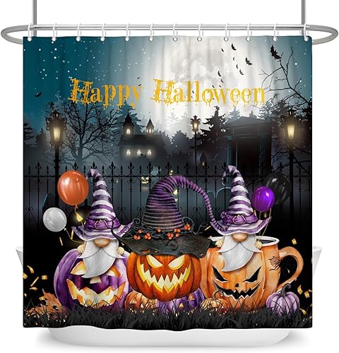 Miniatura 11 de DASHAN Cortina de ducha de gnomos de Halloween, lindas cortinas de ducha de calabaza y murciélagos para baño, cortina de baño de tela impermeable de