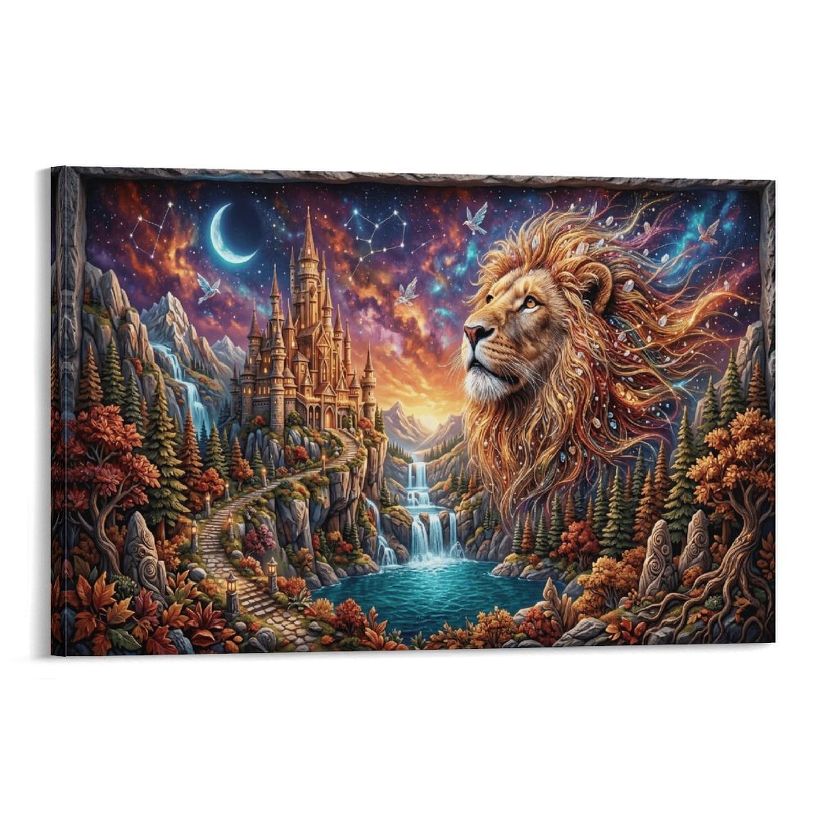 XPASHIQWC Lion Poster Artwork Waterfall Valley Castle Canvas Prints Picture Modern Canvas Wall Art Picture Wall Hanging for Bedroom Living Room Decor 20x30inch(50x75cm)