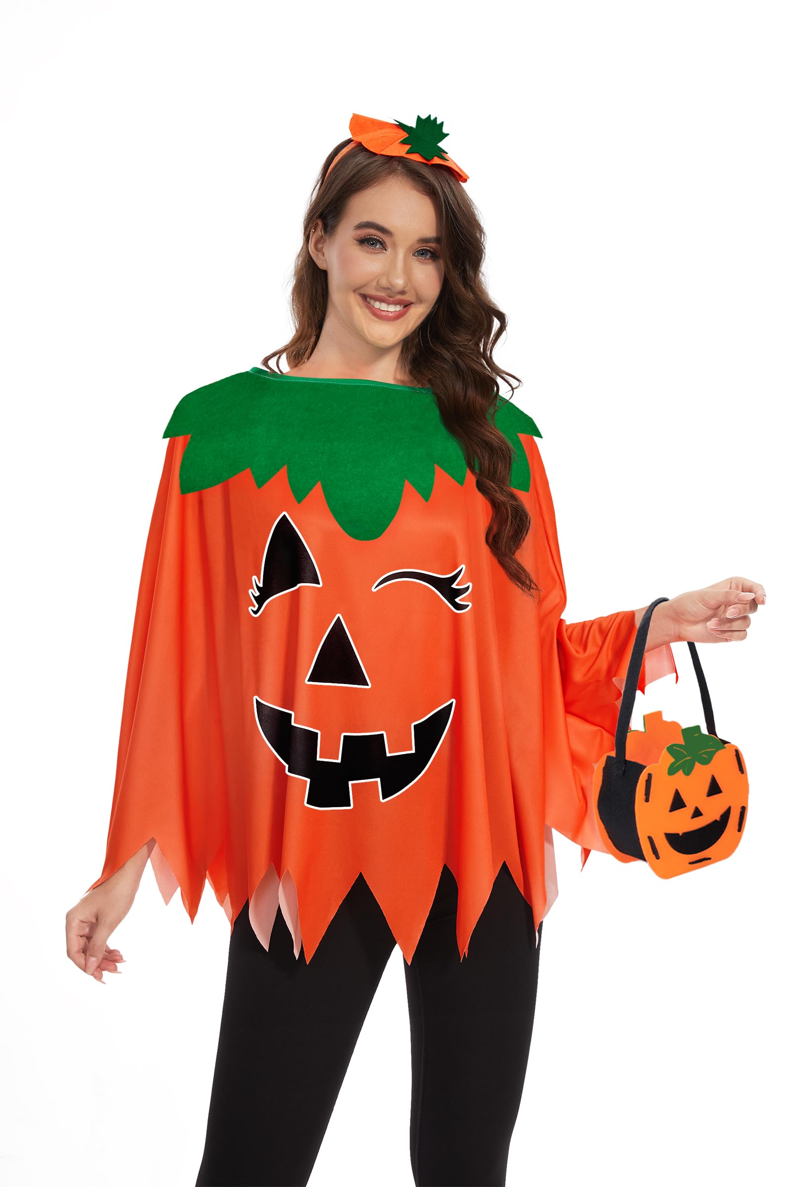 TMSD 3Pcs Women Halloween Pumpkin Glow in the Dark Poncho Orange Costume with Headband and Candy Bag, Y - Pumpkin A2 - Image 3