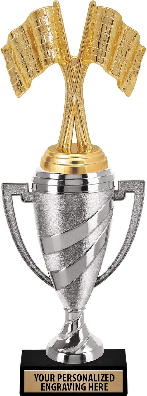Racing Trophy, 14" Silver Cup Crossed Flags Race Trophies with Free Personalization Prime