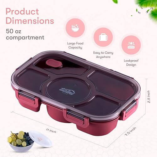 Miniatura 2 de Tarlini Bento Box - Lonchera simple y fácil a prueba de fugas, sin BPA, caja de aperitivos bento de 5 compartimentos, lonchera Bento para adultos,