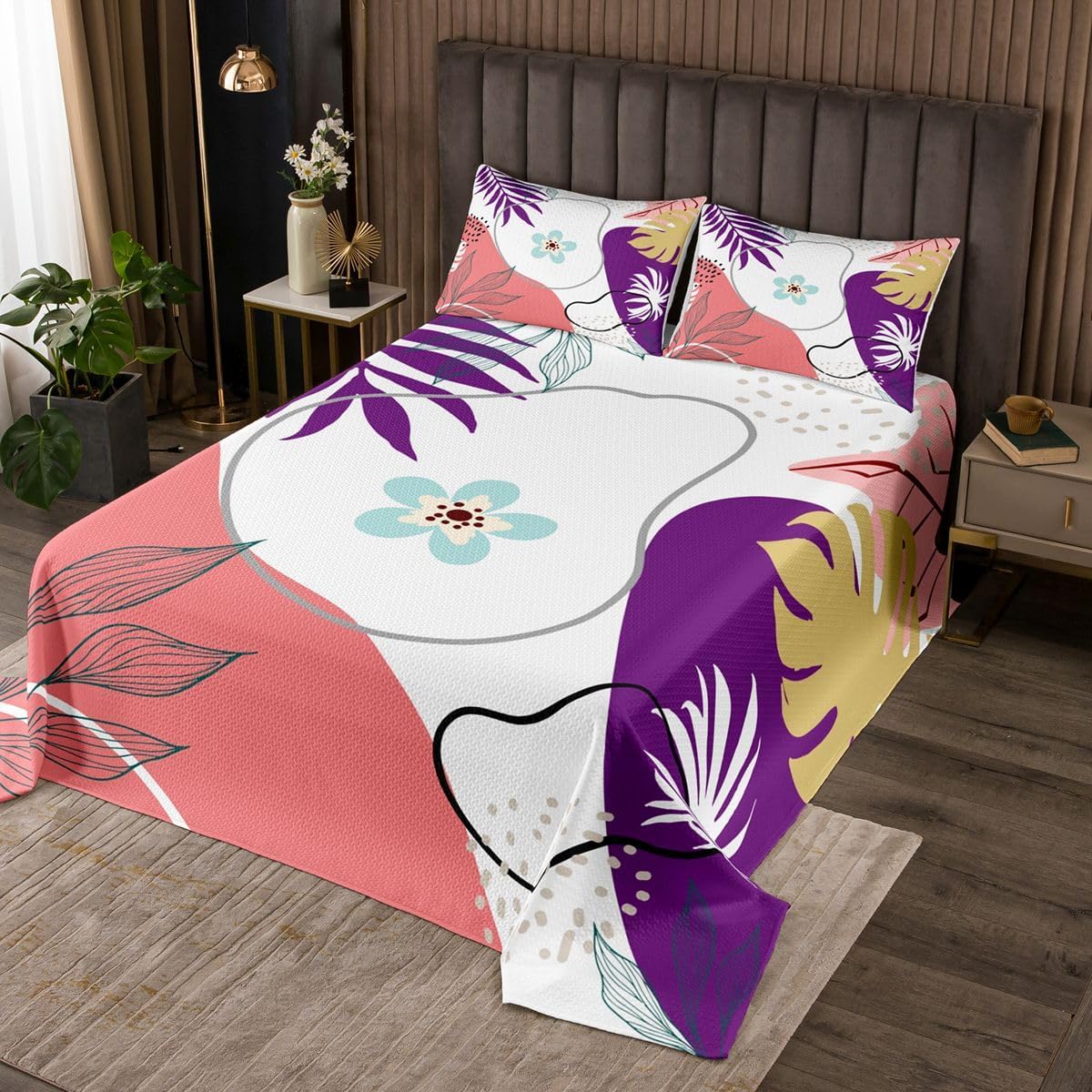 Erosebridal LightGreen Quilt Set Mid Century Abstract Queen Bedspread Set | Boho Circle Floral Coverlet Sets Botanical Leaves Print Ombre Minimalist Cute Flower Quilted