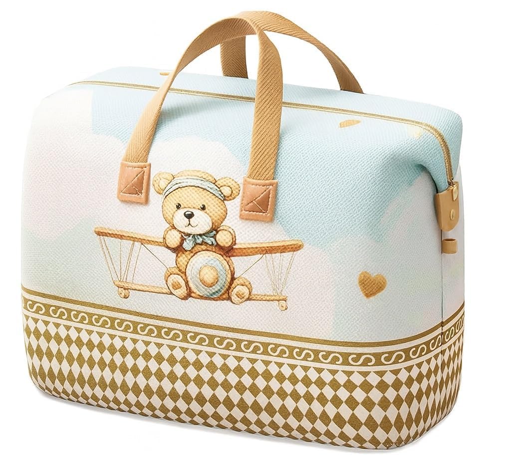 Baby Travel Bag with Teddy Bear Airplane Print, Lightweight Handheld Tote Bag for Kids, Multi-Purpose Storage for Clothes, Toys & Essentials (Light Blue & Gold)-image-23