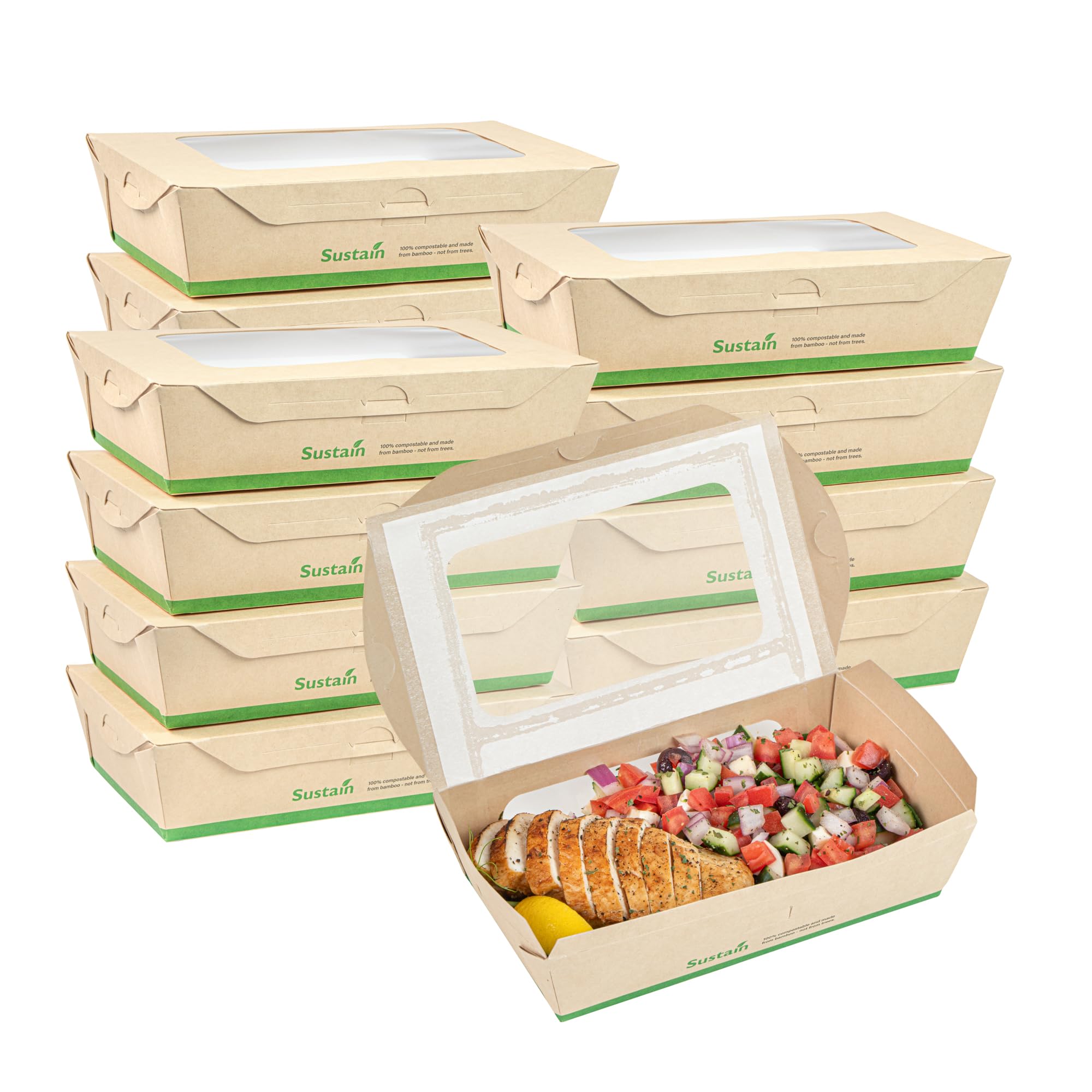 Restaurantware - Stabile Papierboxen zum Herausnehmen von 100 ml, 200 Einwegbehälter zum Herausnehmen – mit PLA-Futter, zwei transparenten Fenstern, Bambus-Papierbehältern, kompostierbar,