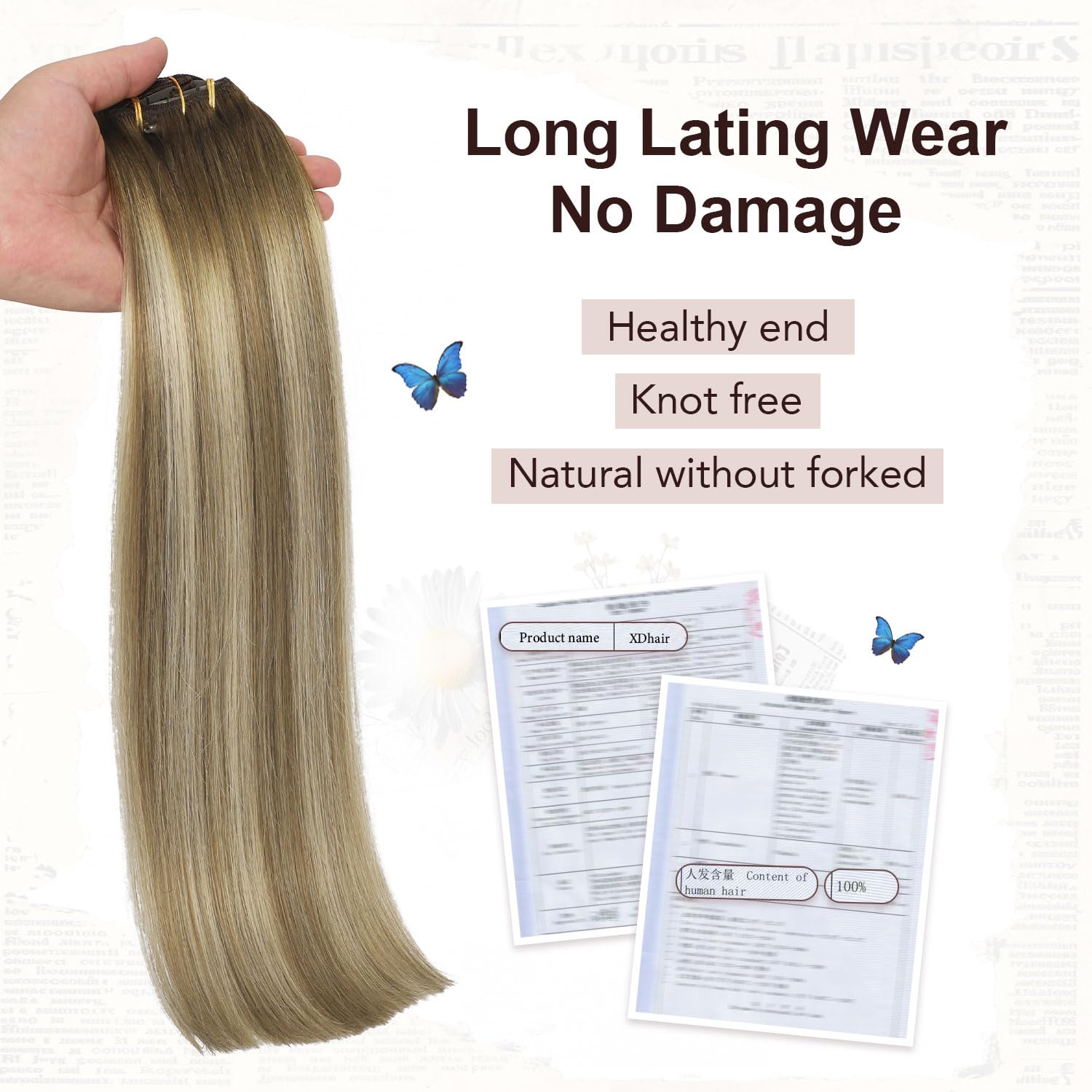 XDhair Extension Cheveux Naturel Clip 35cm 6pcs 100g Brun Noisette à Brun Cendré et blond cendré Extention de Cheveux Humains Vrai Cheveux #3/8/22 14pouces