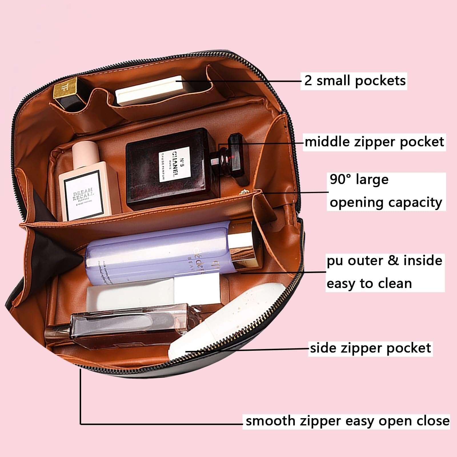 Kosmetiktasche Damen Kosmetiktasche Damen PU-Leder Kosmetiktasche Reise-Kulturbeutel mit Grifffach Kulturbeutel(Brown)