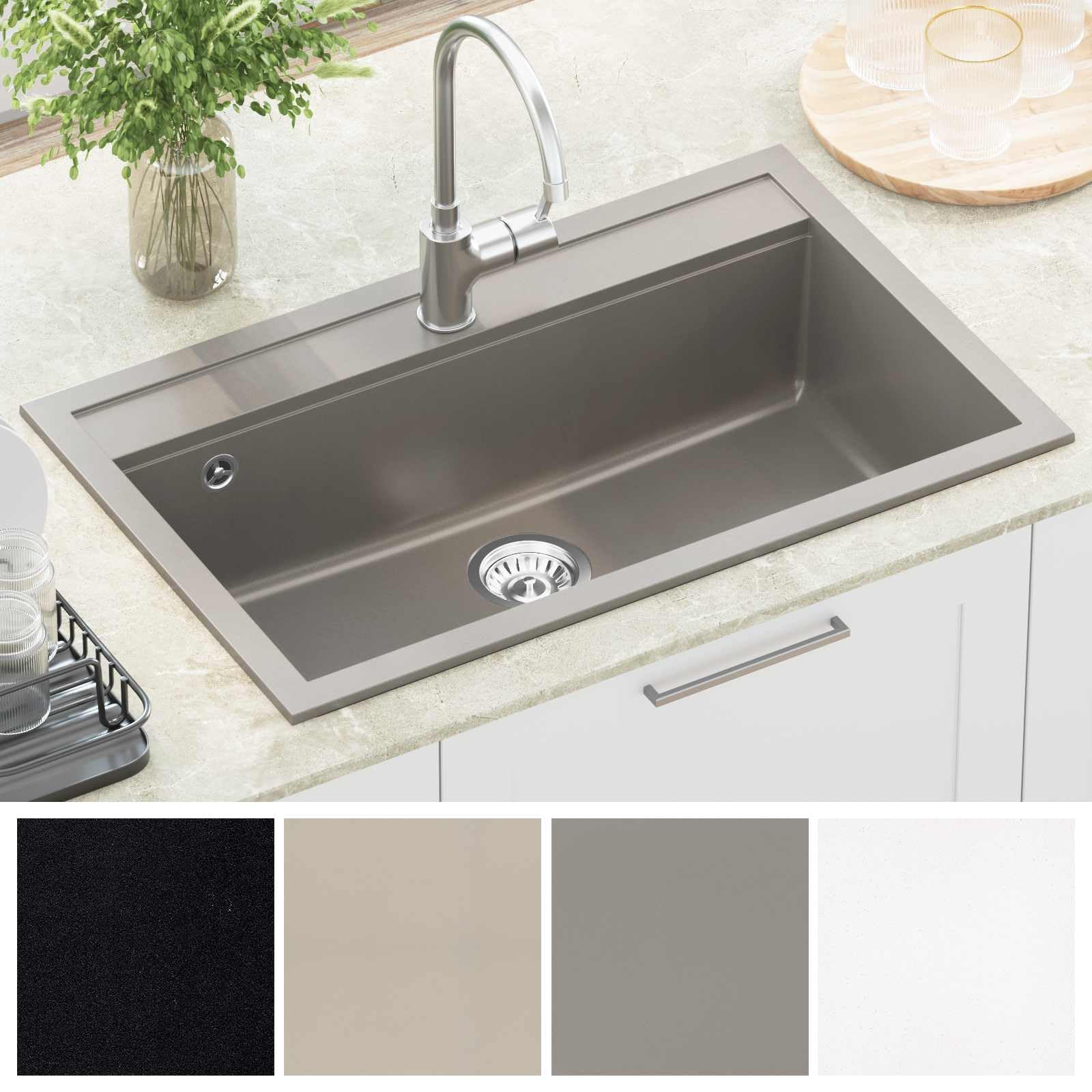 Lavabo gris granito 795 x 505 mm, fregadero de cocina montado sobre encimera con rejilla para cesta de residuos, fregadero resistente a los arañazos, lavabo individual para cocina moderna
