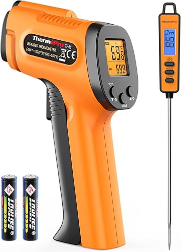 ThermoPro Pistola de temperatura, pistola termómetro infrarroja con puntero láser, termómetro digital para carne con sonda súper larga, termómetro