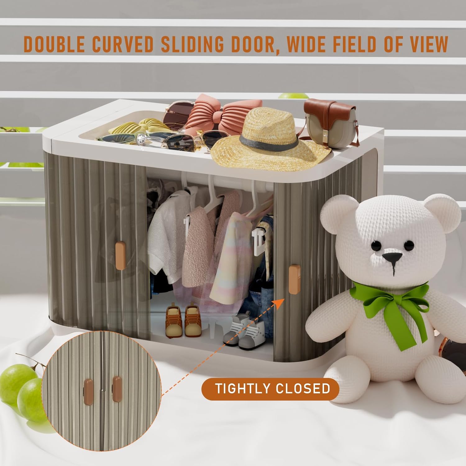 Doll Wardrobe Storage Box, Foldable Doll Closet with 10 Hangers and Rod for 15/17cm Doll Clothes Stackable Organizer Cabinet with Dust-Resistant Cover and Display Shelf (Transparent Grey)