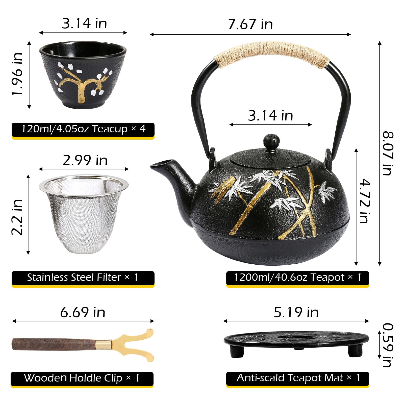 Dyna-Living Tetera de hierro fundido con infusor de 1200 ml / 45 onzas japonesas con 4 tazas de té