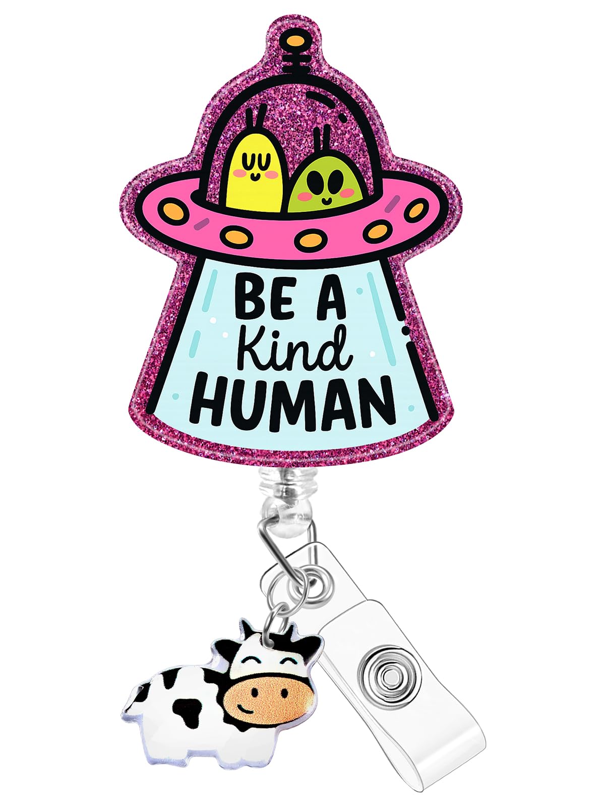 Plifal Badge Reel Holder Clip - Funny UFO Alien Be A Kind Human Retractable ID Name Card Badge Reel with Charm Alligator Clip, Office Nurse Nursing Medical Worker Student Accessories Gifts