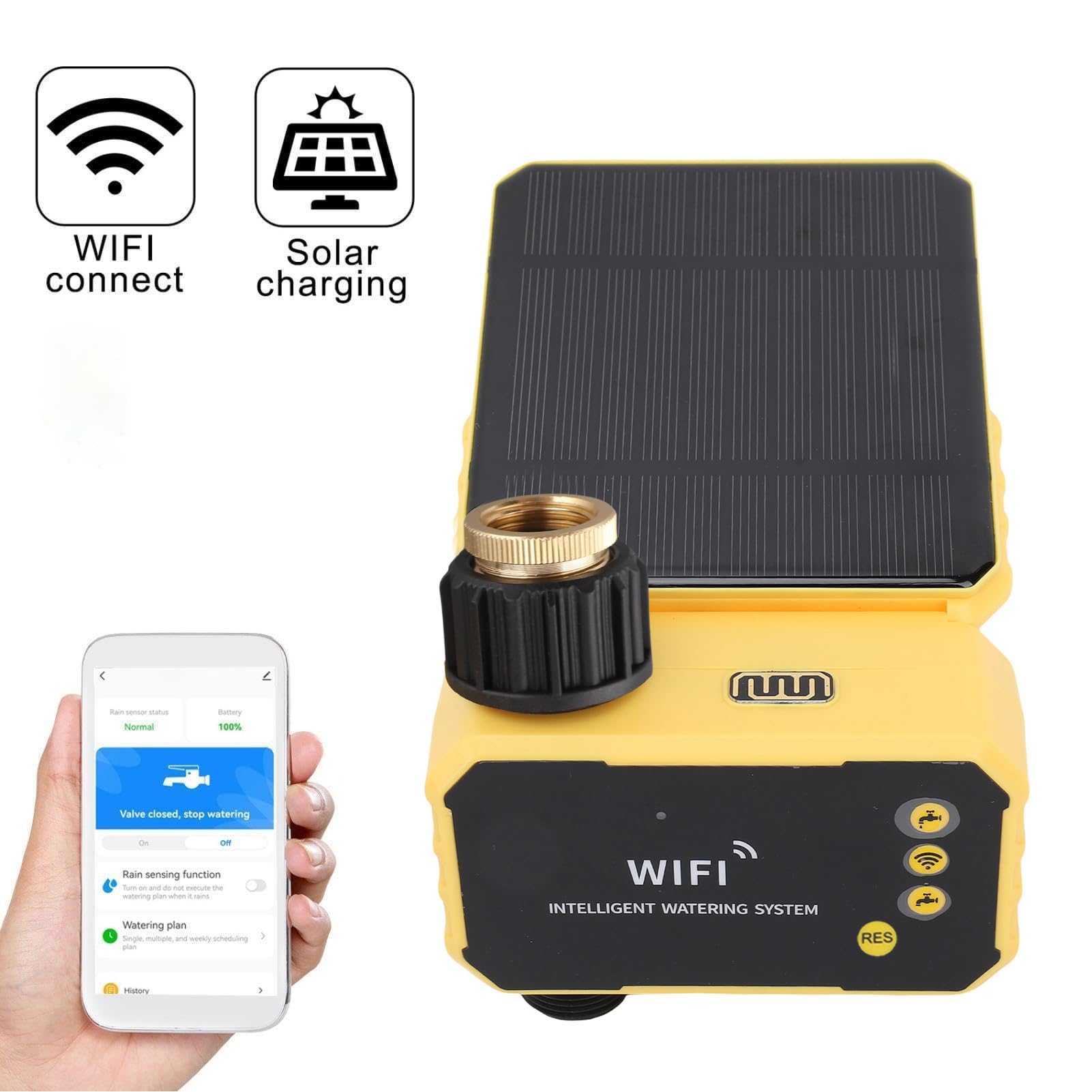 Eujgoov Inteligentny Zegar Zraszacza WiFi, Automatyczny Sterownik Nawadniania Zasilany energią słoneczną, z Czujnikiem Deszczu, Idealny do Ogrodów i Balkonów