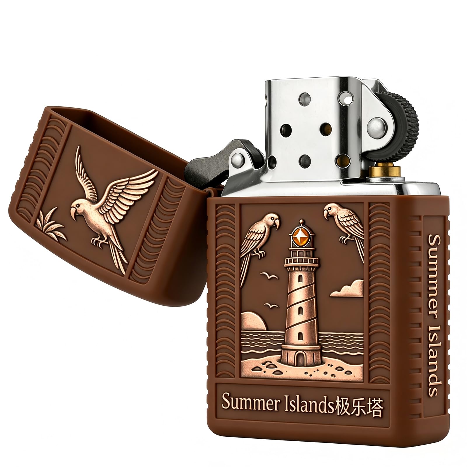Vintage Lighthouse Parrot Carving Kerosene Lighter Windproof Reusable Wheel Grinding Open Flame Lighter for Daily Use (E)
