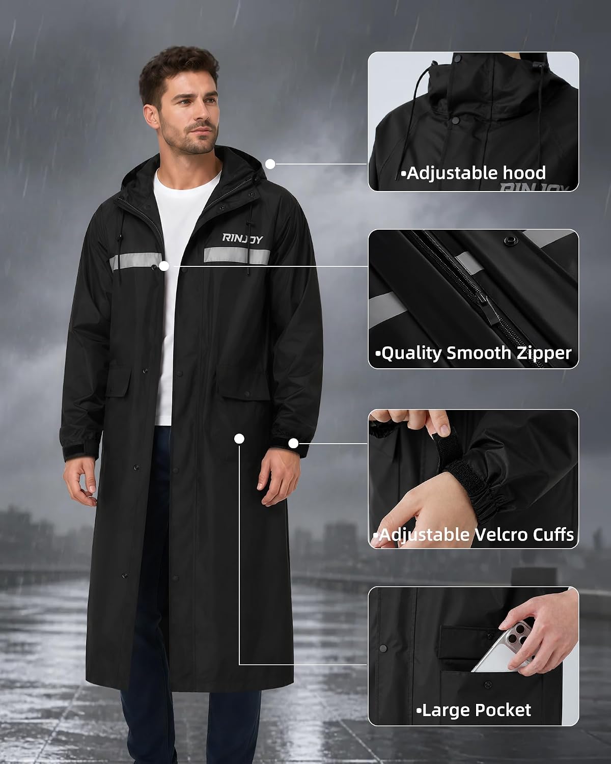 Men's Waterproof Long Raincoat with Hood, Lightweight Rain Jacket Poncho with Reflective Strips for Heavy Rain