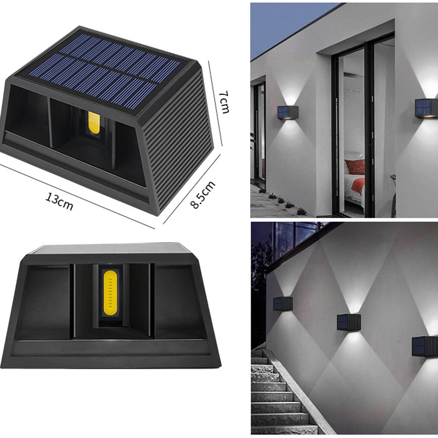 2 szt. zewnętrzne oświetlenie ścienne LED, solarne oświetlenie garażowe 3000/6000 K, regulowana wiązka światła u dołu, wodoodporna lampa solarna LED IP65 10 W, do ściany ogrodowej i ogrodzenia (6000 K