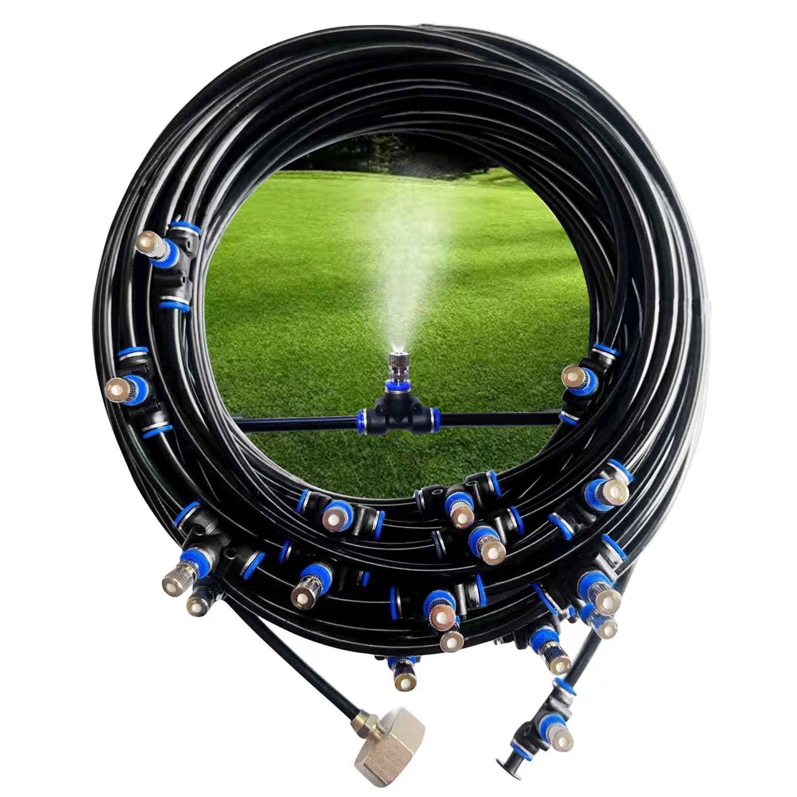 Spray Cooling System, 98.4 ft (30 m) Spray line + 50 Brass nozzles +45 connectors + Brass adapters (3/4 ") Outdoor Lawn Garden Patio Greenhouse Cooling System