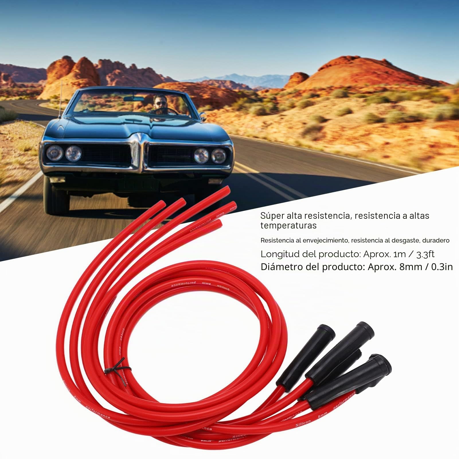 Juego de Cables de Bujía Cable de Encendido de Coche Antienvejecimiento Resistente Al Desgaste de 8 Mm Y 1 M Rojo de Alto Rendimiento para Coches Clásicos de 4 Cilindros