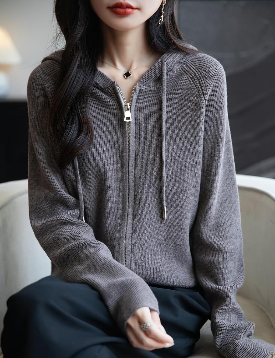 Women's Merino Wool Blend Cardigan 2025 Fall Winter Casual Zipper Sweatshirt Long Sleeve Ribbed Knit Hooded Cardigan - Image 3