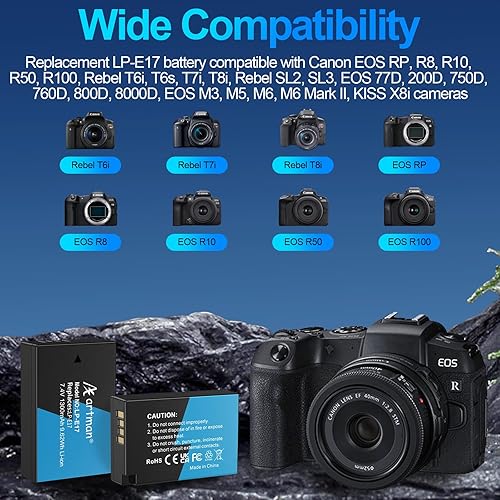 Miniatura 2 de Artman LP-E17 - Paquete de 2 baterías y cargador LCD USB-C actualizado para Canon EOS R8 R10 RP R50 R100, Rebel T8i T7i T6i T6s, SL2, SL3, M3 M5 M6,
