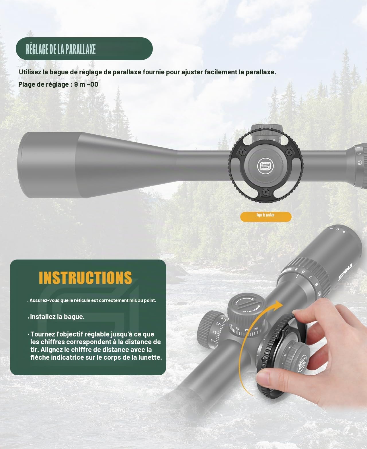 SPINA OPTICS 5.5-22x56 FFP Lunette de visée- 1 / 10mil Premier Focal Plane viseur avec Filet d'éclairage, Pare - Soleil, Roue parallaxe