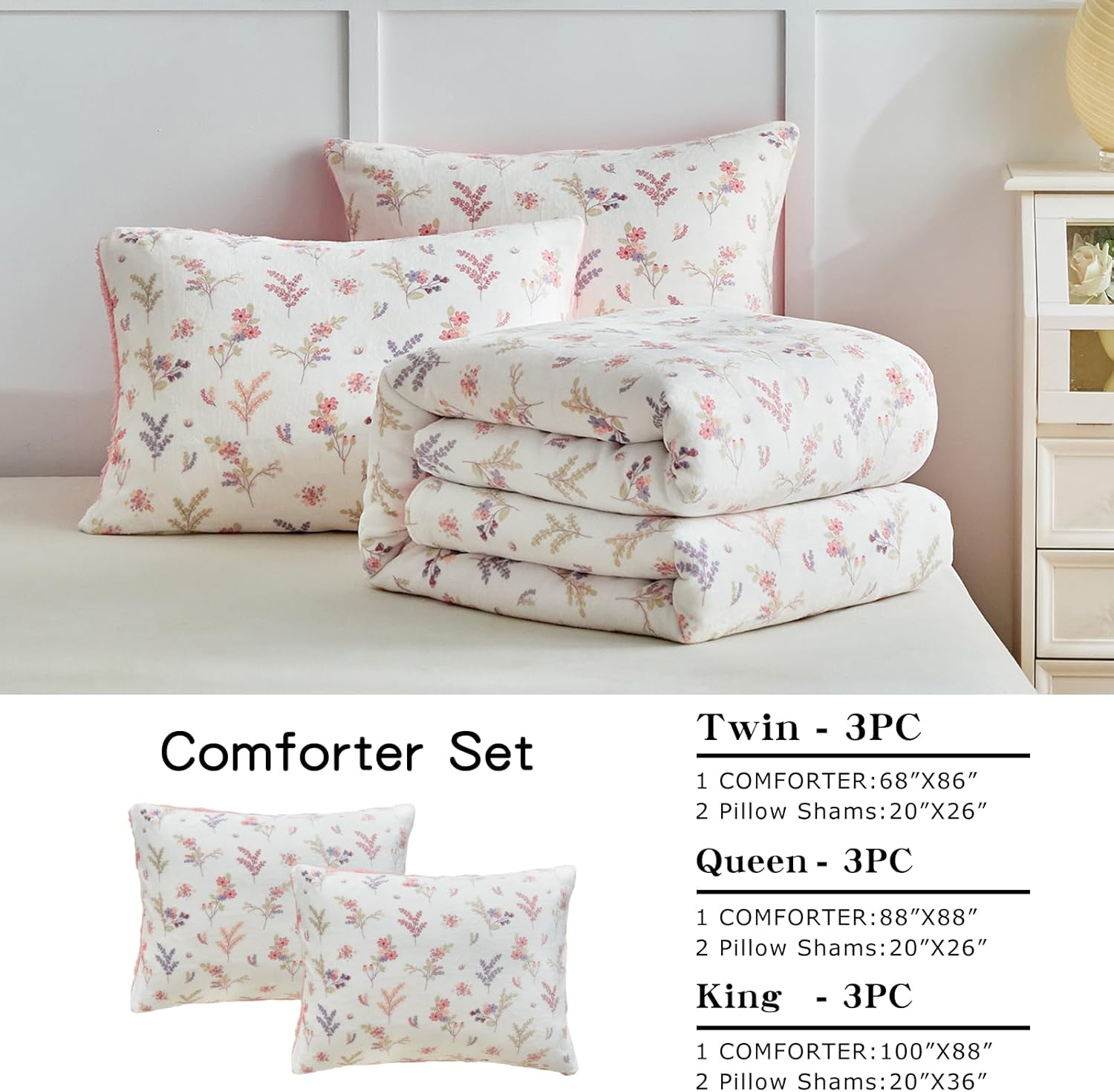 Joyreap 3pcs Flannel Comforter Set for Girls, Twin Size Fluffy Velvet Sherpa Bedding Comforter Set, Pink n White Floral Design, Soft Warm Plush Bedding Set- 68x88 inches