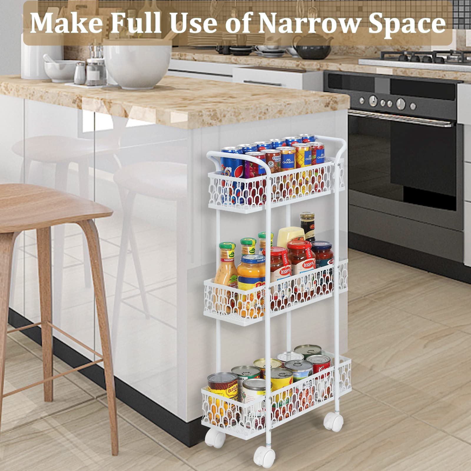 Slim Storage Cart, 3 Tier Kitchen Rolling Cart on Wheels, Mobile Metal Pantry Cart Rack for Bathroom Laundry, Rolling Utility Cart for Narrow Places White