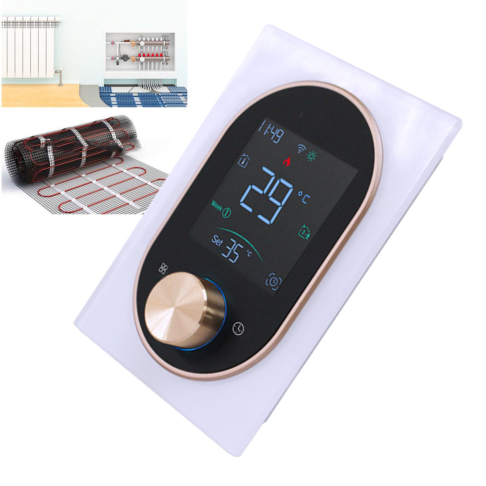 Inteligentny termostat pokojowy WiFi regulator temperatury do sterowania ogrzewaniem elektrycznym za pomocą pokrętła z ekranem dotykowym (Bianco)
