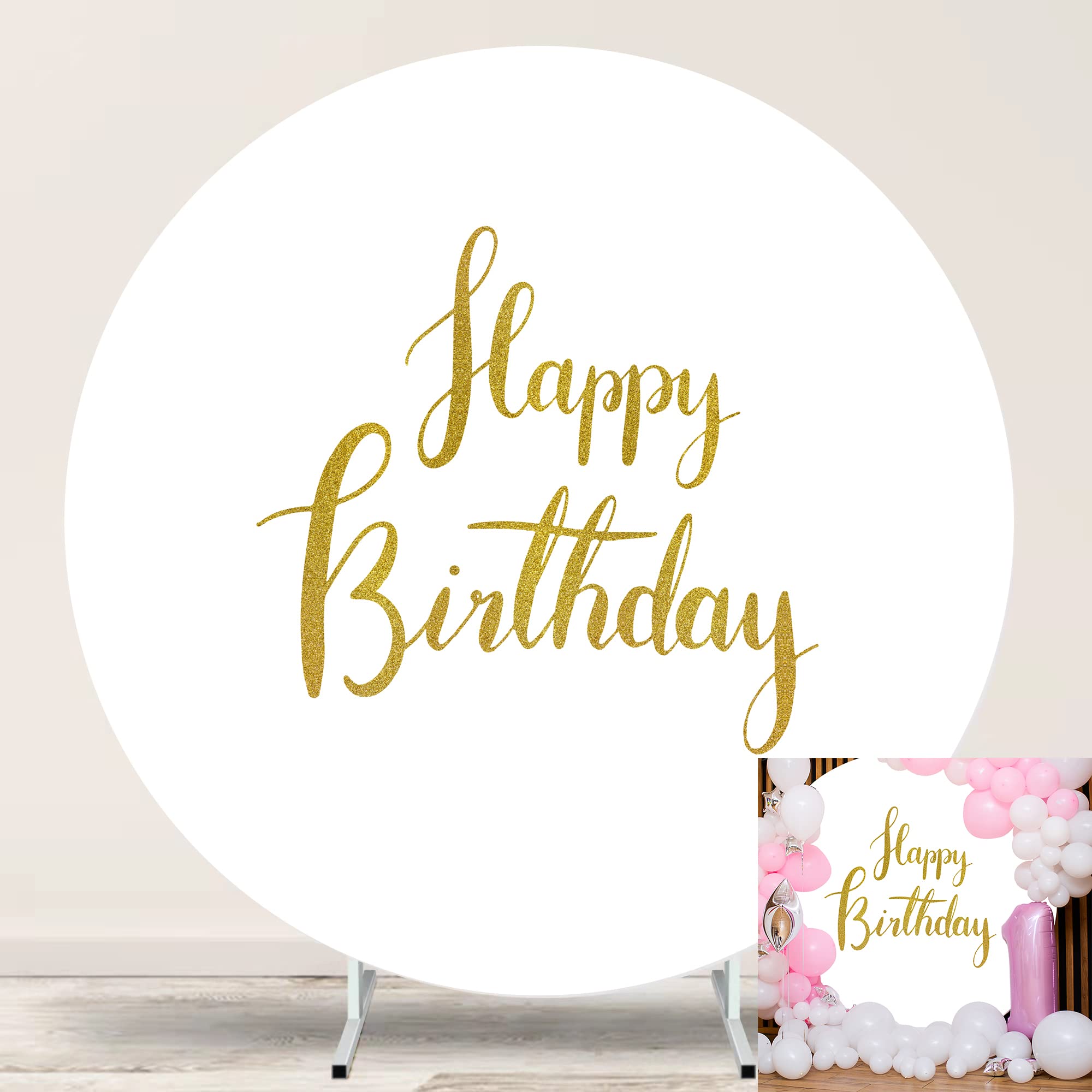 Happy Birthday Round Backdrop Cover 7.2ft,White Circle Background Stand Cover with 4Clips,7.2 Round Backdrop Cover Happy Birthday Gold for Photography Kids Baby Birthday Party Banner Decor