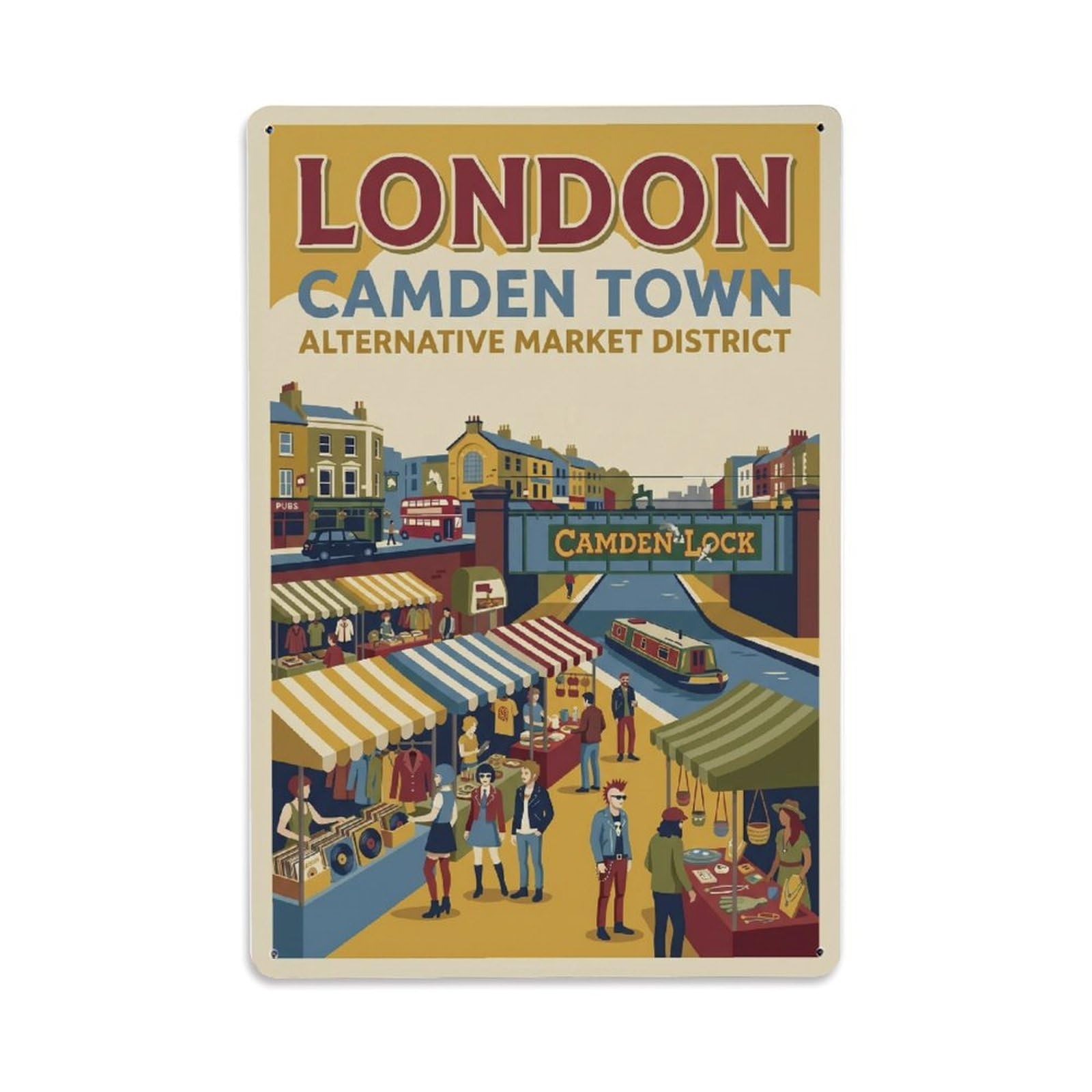 Vintage Travel London Camden Town Market Clean England Metal Tin Sign Plaque Wall Decor for Cafe, Club Bar, Office, Home Garden Metal Poster 8x12Inch