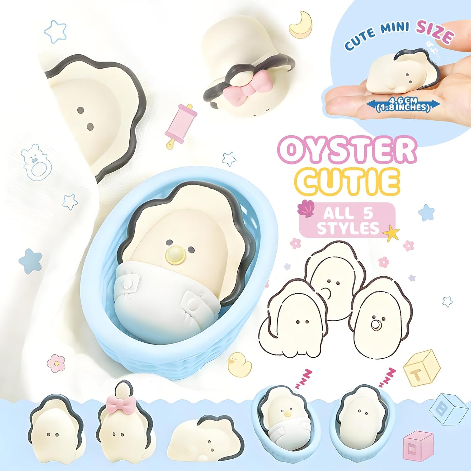 Oyster Blind Box,Cute Round-Eyed Mini Figure(5 Pack),Yell Japanese Random Design Collectible,Pupupu Series Mystery Box for Home Decor and Birthday Gifts,Full Set