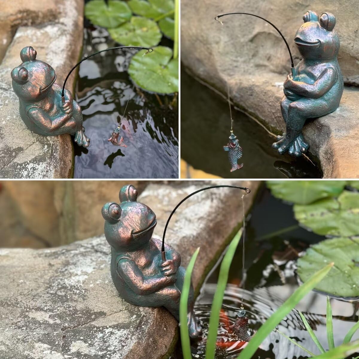 Antique Copper Fishing Frog Statue - Outdoor Garden Statue & Koi Pond Decor