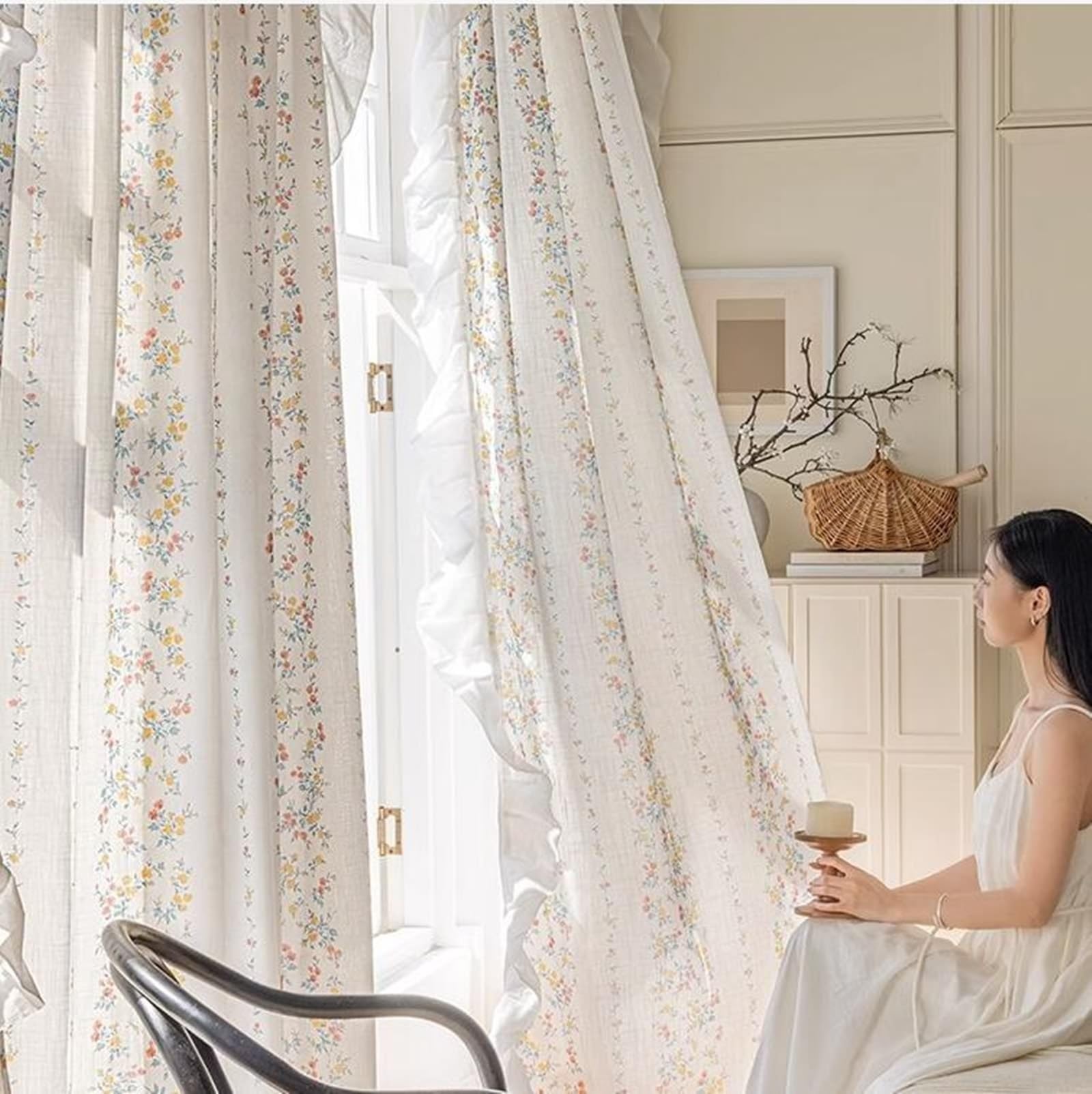 Epinki Voilage Chambre Fleur Imprimé avec Volants Coloré en Polyester 107 x 147 cm Lot de 2 Rideaux Salon à Oeillets